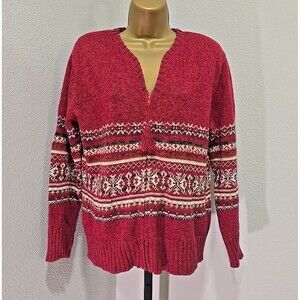 Vtg Tiara Red Fair Isle Full Zip Cardigan Sweater Womens Sm Tassel Alpine Boho